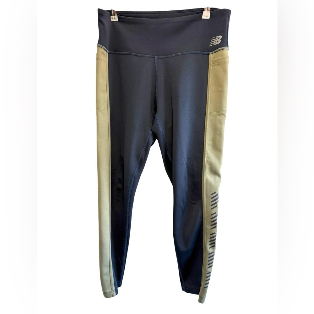 New Balance navy and tan leggings wide waistband side pockets Large